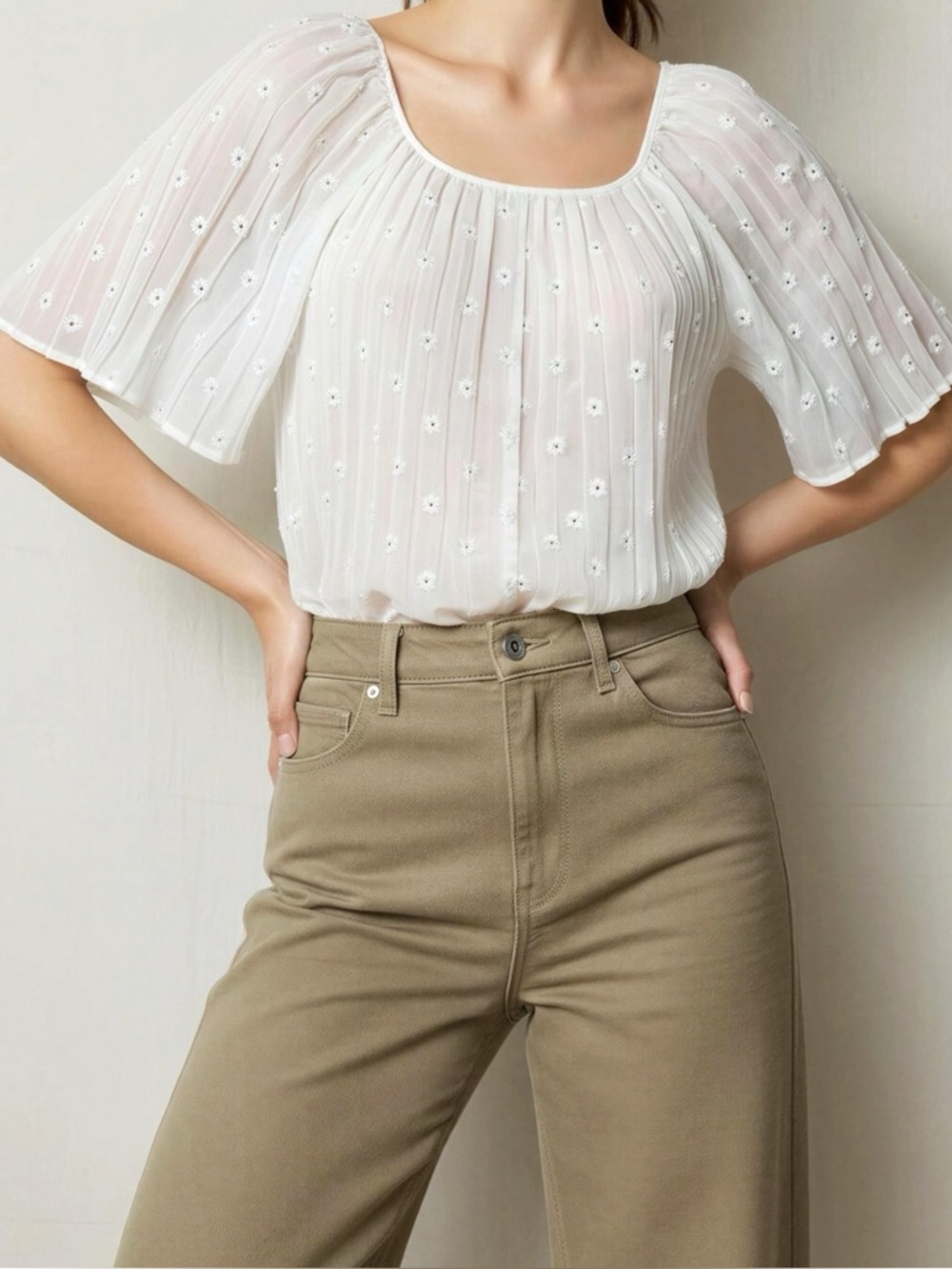 SÉZANE Romy Embroidered Pleated Blouse, Ecru, FR36/US4